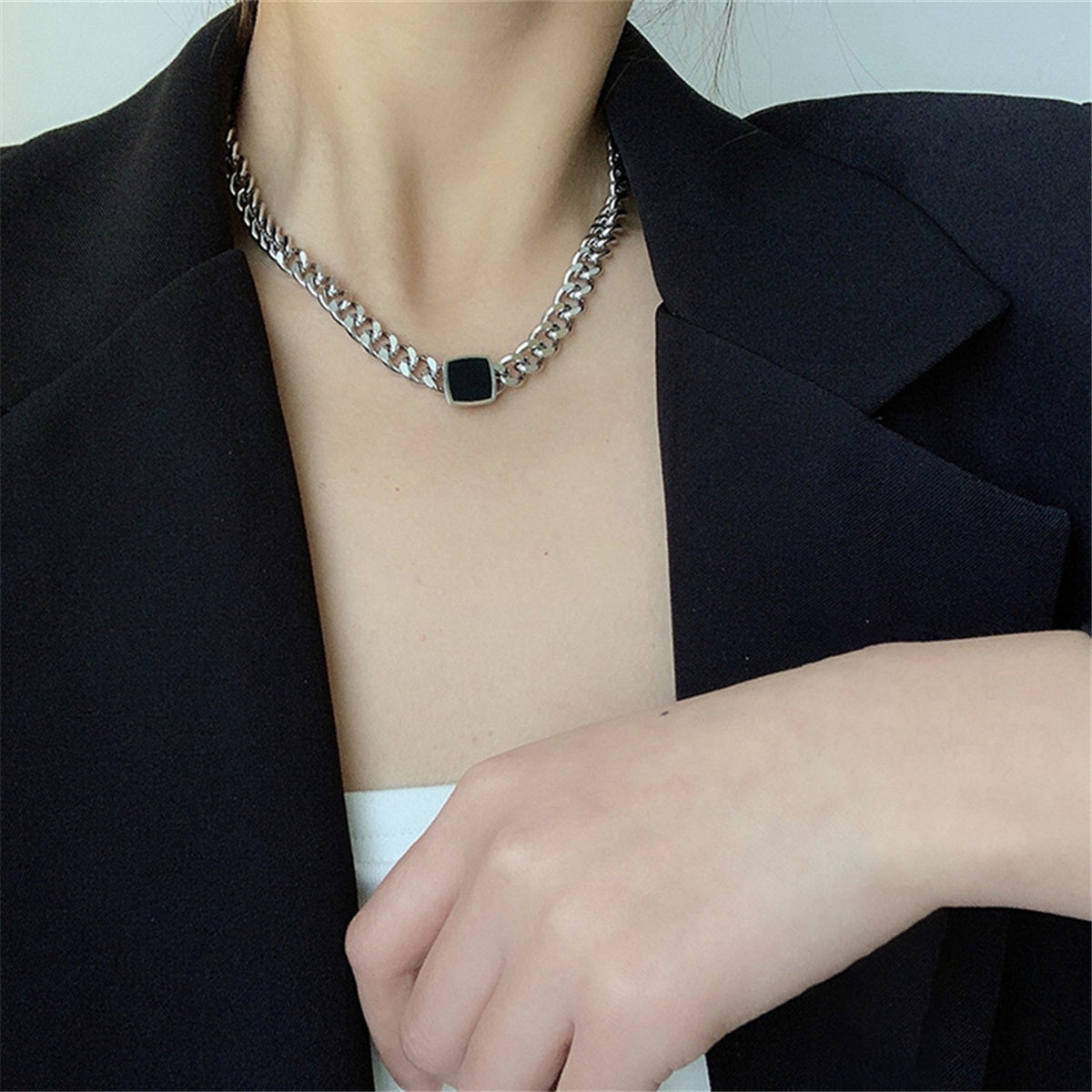 Black and Stainless Steel Square Pendant Necklace, stainless steel pendant necklace for women, detail close-up