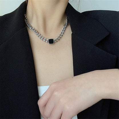 Black and Stainless Steel Square Pendant Necklace, stainless steel pendant necklace for women, detail close-up