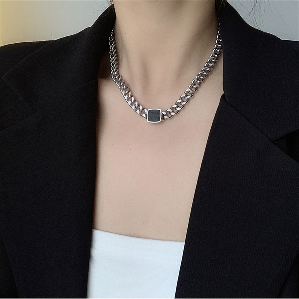 Black and Stainless Steel Square Pendant Necklace, stainless steel pendant necklace for women, side view