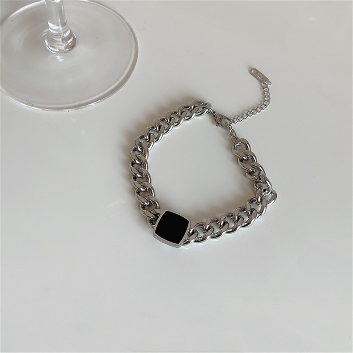 Black and Stainless Steel Square Charm Bracelet, stainless steel bracelet for women, botanical inspired, front view