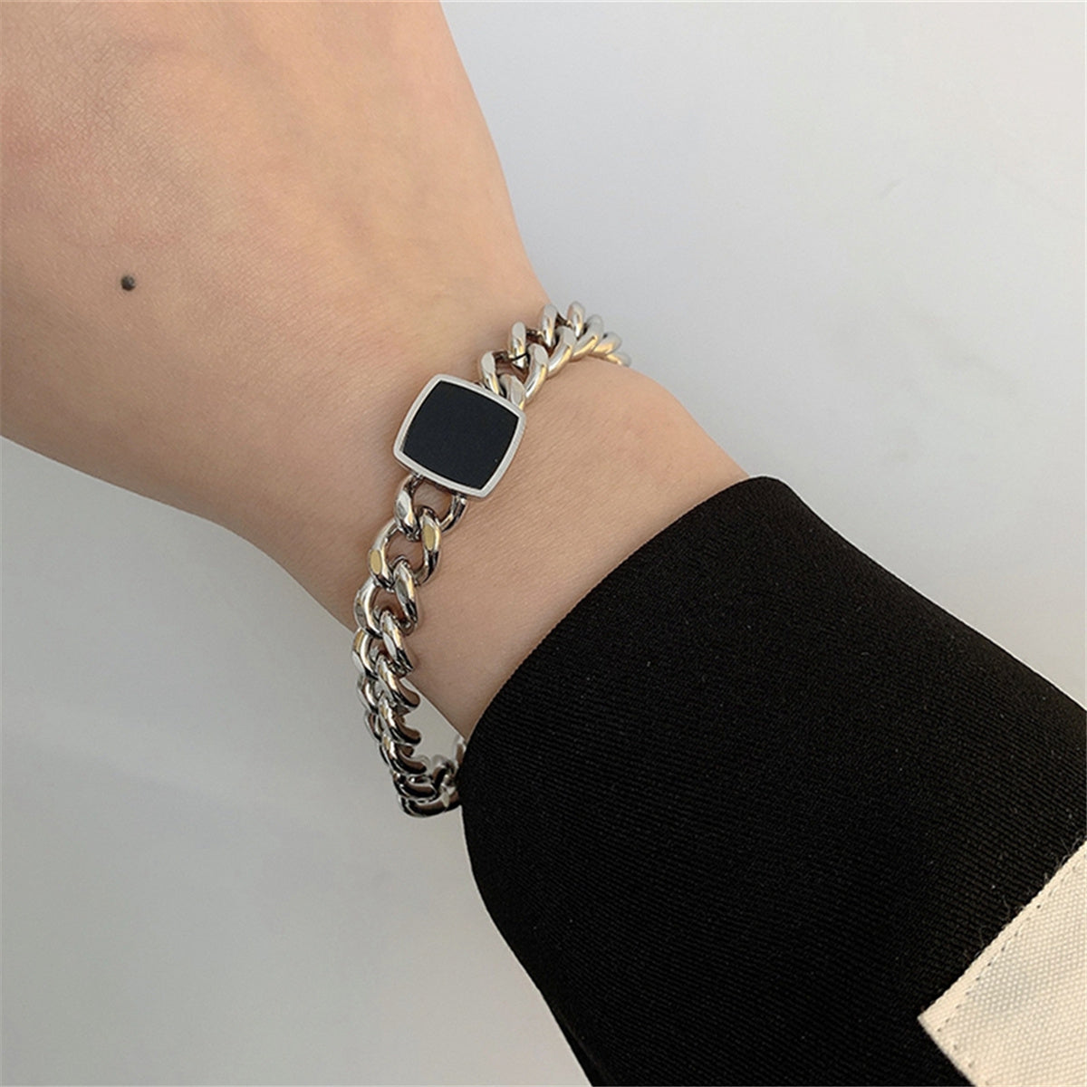 Black and Stainless Steel Square Charm Bracelet, stainless steel bracelet for women, botanical inspired, detail close-up