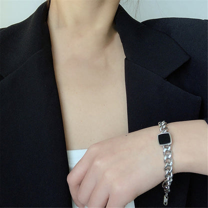 Black and Stainless Steel Square Charm Bracelet, stainless steel bracelet for women, botanical inspired, side view