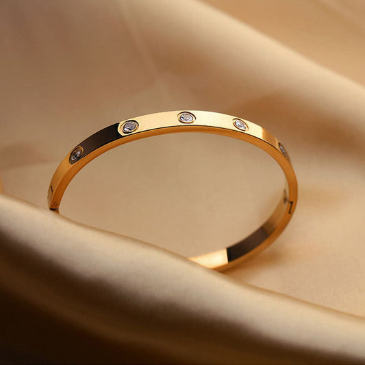 Clear Cubic Zirconia and 18K Rose Gold-Plated Studded Bangle, rose gold bangle bracelet, botanical inspired, front view