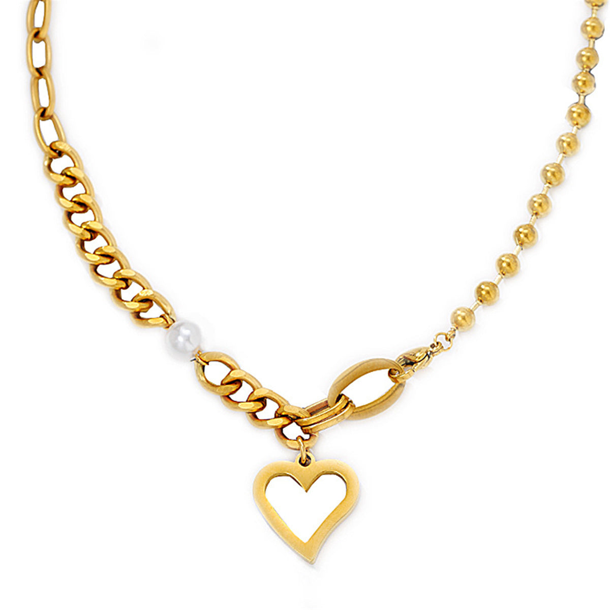 Pearl and 18K Gold-Plated Cable and Ball Chain Heart Pendant Necklace, gold pendant necklace for women, front view