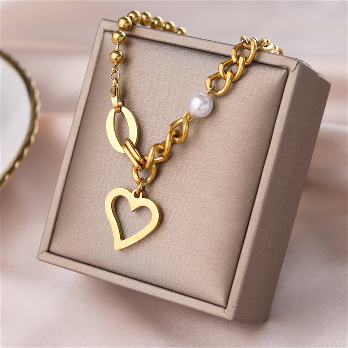 Pearl & 18K Gold-Plated Cable & Ball Chain Heart Pendant Necklace