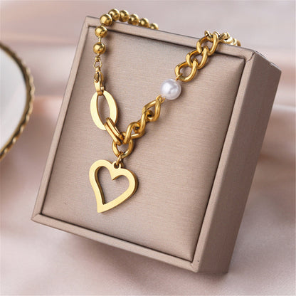 Pearl and 18K Gold-Plated Cable and Ball Chain Heart Pendant Necklace, gold pendant necklace for women, detail close-up