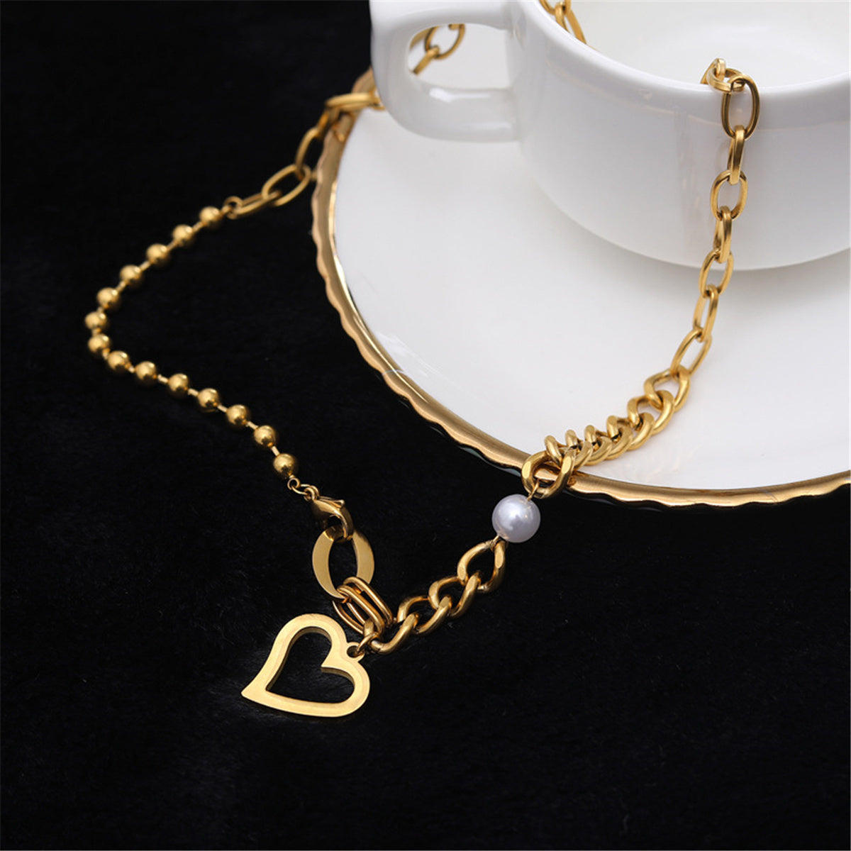 Pearl and 18K Gold-Plated Cable and Ball Chain Heart Pendant Necklace, gold pendant necklace for women, lifestyle look