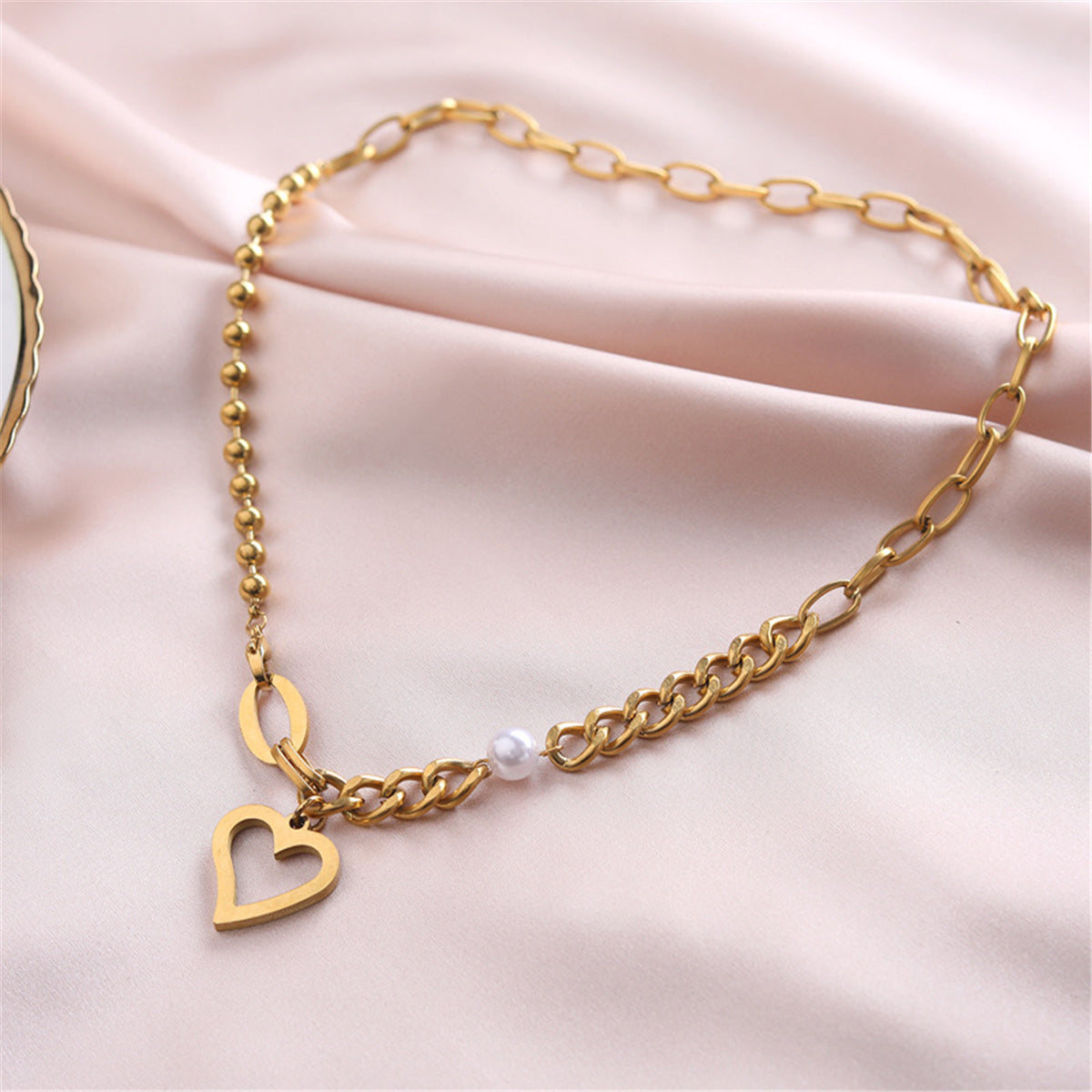 Pearl and 18K Gold-Plated Cable and Ball Chain Heart Pendant Necklace, gold pendant necklace for women, side view