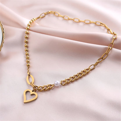 Pearl and 18K Gold-Plated Cable and Ball Chain Heart Pendant Necklace, gold pendant necklace for women, side view