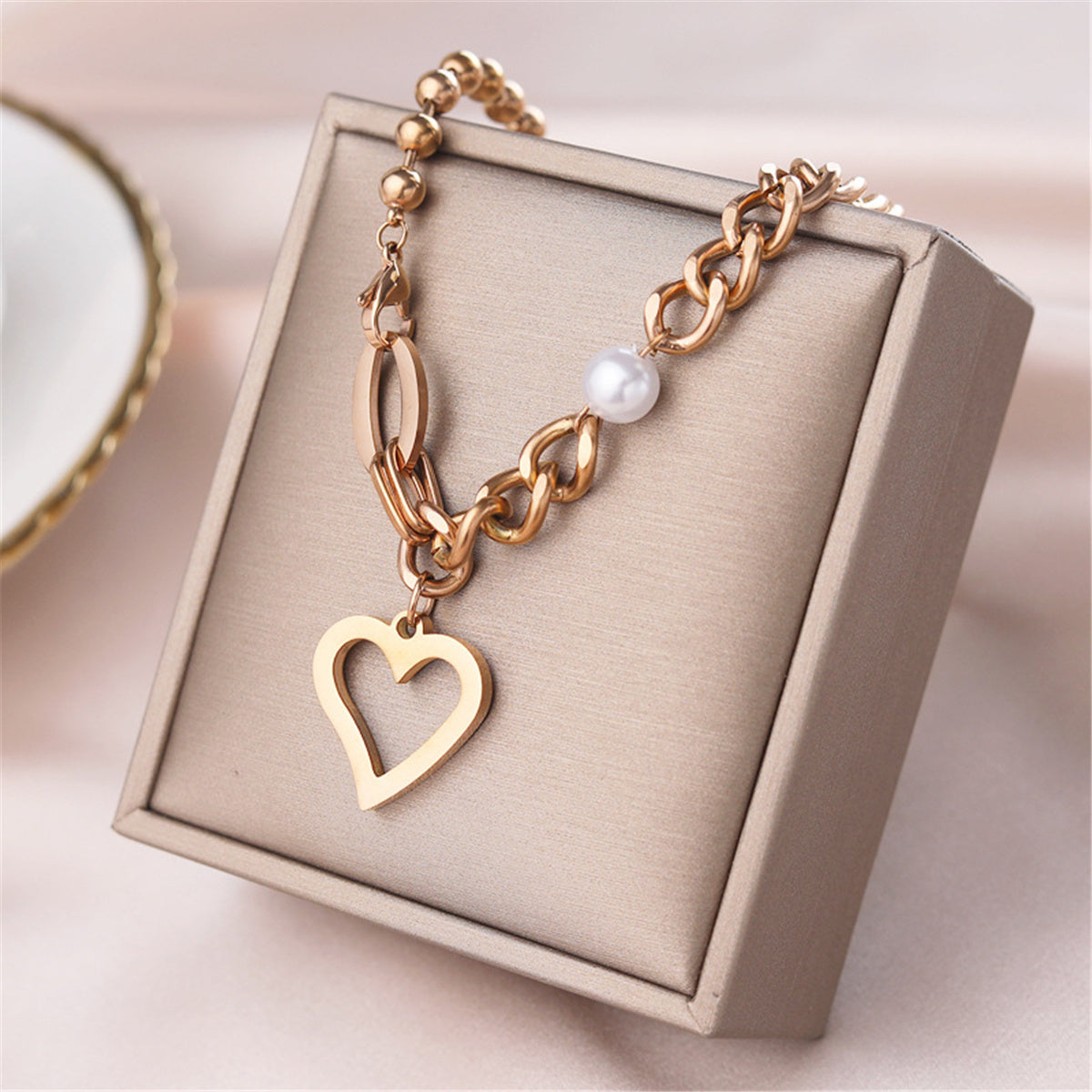 Pearl & 18K Rose Gold-Plated Heart Pendant Necklace