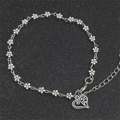 Silver-Plated Flower Station Heart Charm Anklet