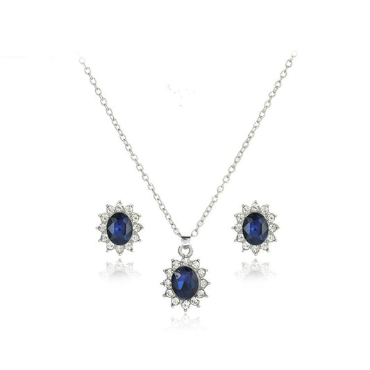 Blue Crystal and Cubic Zirconia Flower Stud Earrings and Pendant Necklace, stud earrings for women, front view