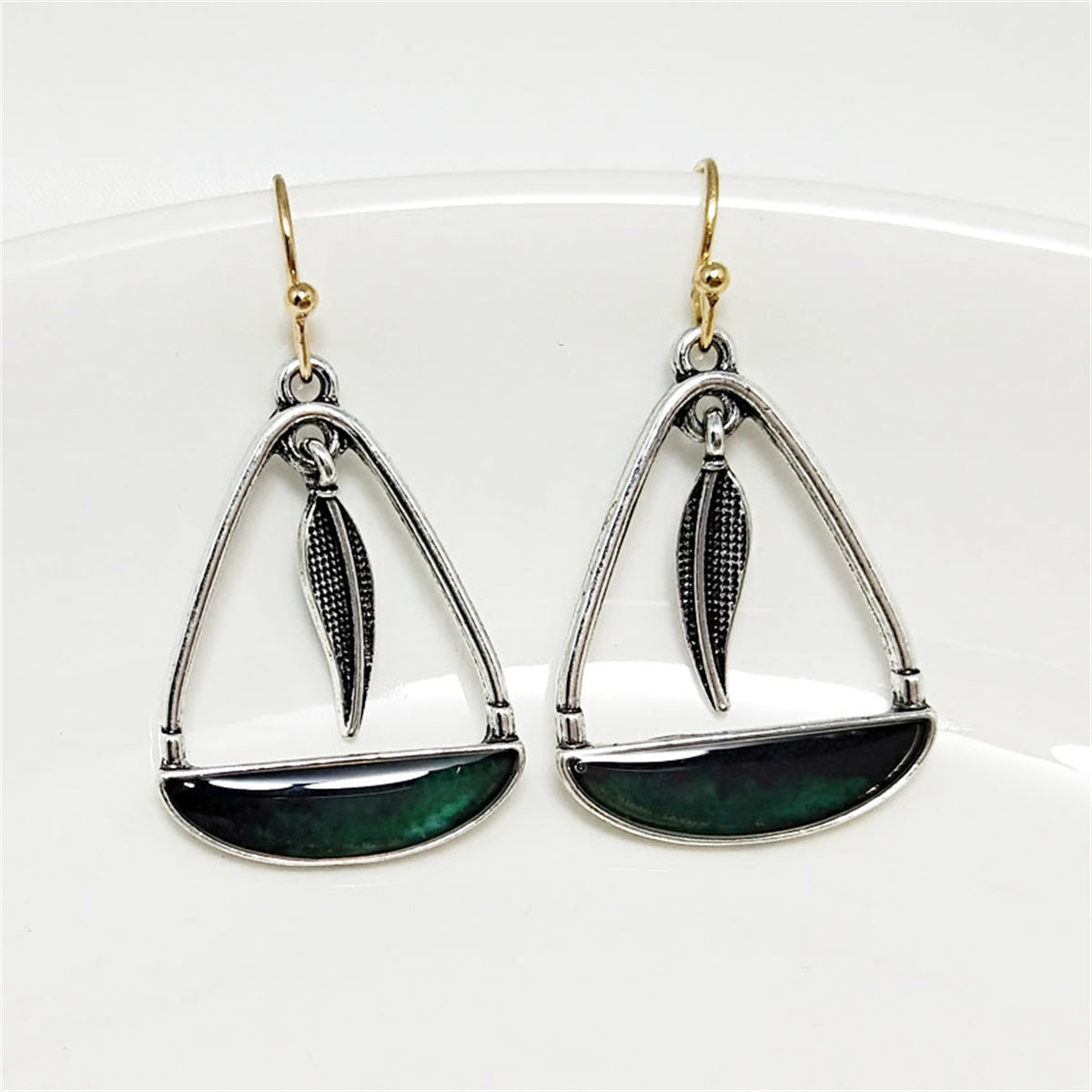 Black-Green Resin and Two-Tone Feather Handbag Drop Earrings, drop earrings for women, everyday style, side view