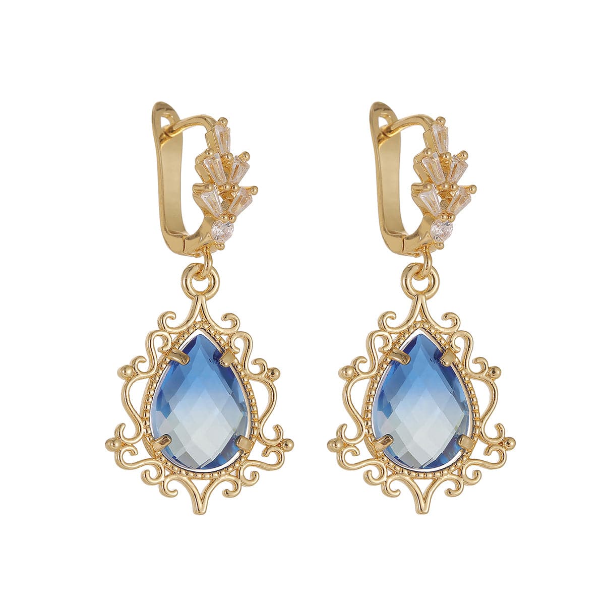 Blue Crystal & 18K Gold-Plated Scroll Drop Huggie Earrings