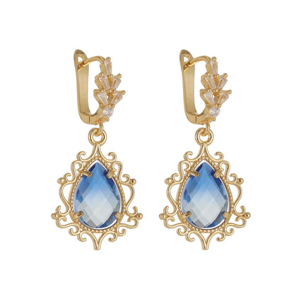 Blue Crystal & 18K Gold-Plated Scroll Drop Huggie Earrings