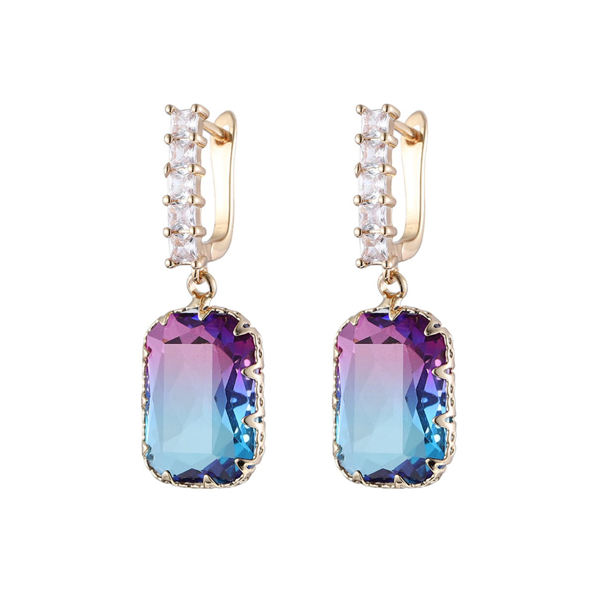 Blue & Purple Crystal Ombré Radiant-Cut Huggie Earrings