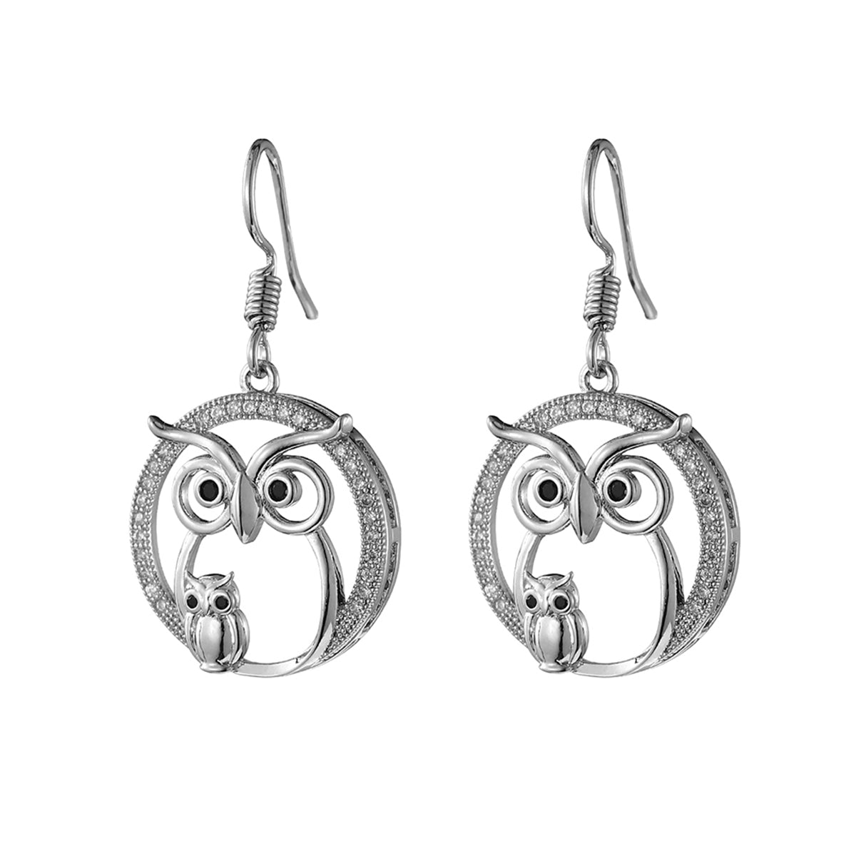 Cubic Zirconia and Silver-Plated Owl Drop Earrings, silver drop earrings for women, botanical inspired, side view