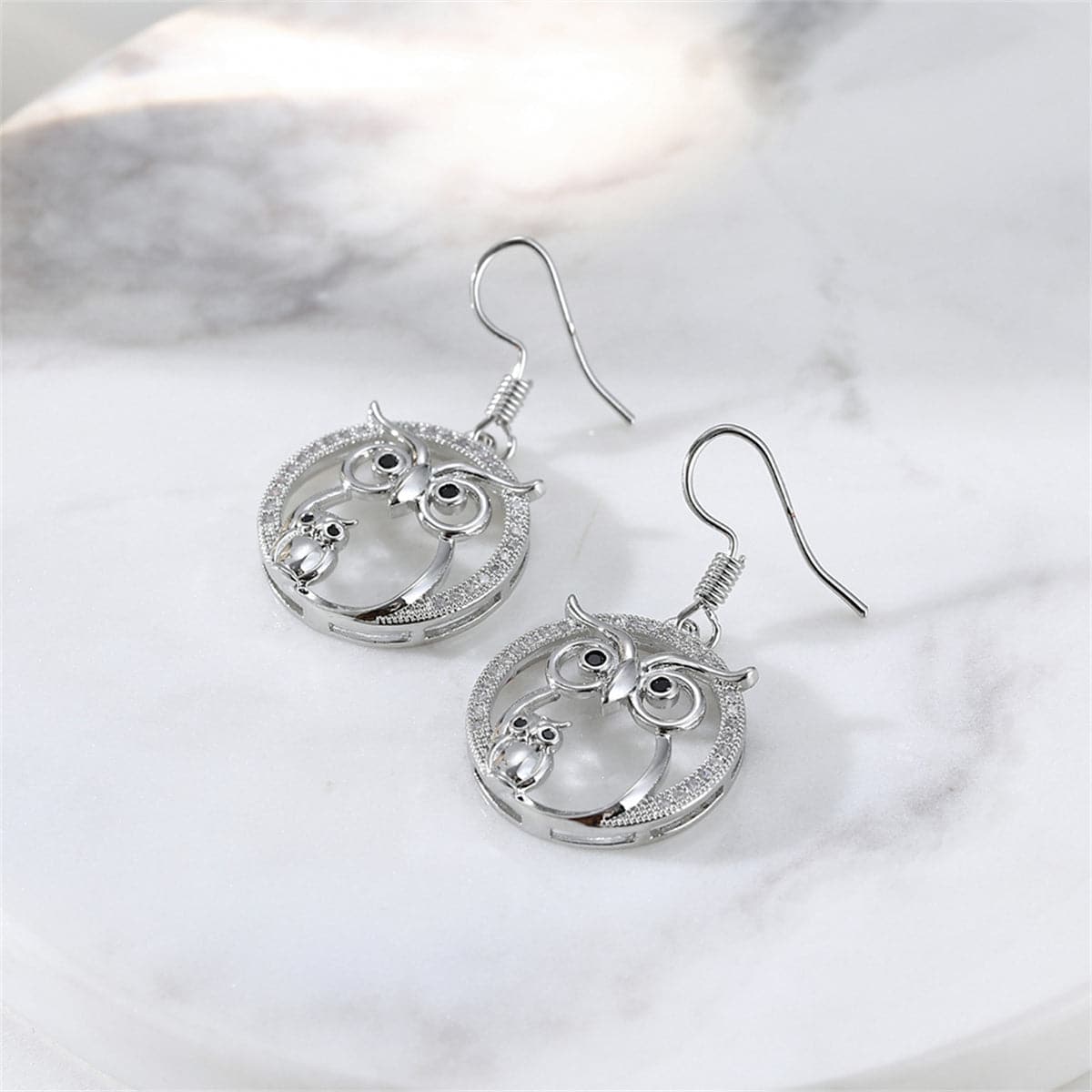 Cubic Zirconia and Silver-Plated Owl Drop Earrings, silver drop earrings for women, botanical inspired, front view