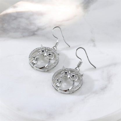 Cubic Zirconia and Silver-Plated Owl Drop Earrings, silver drop earrings for women, botanical inspired, front view