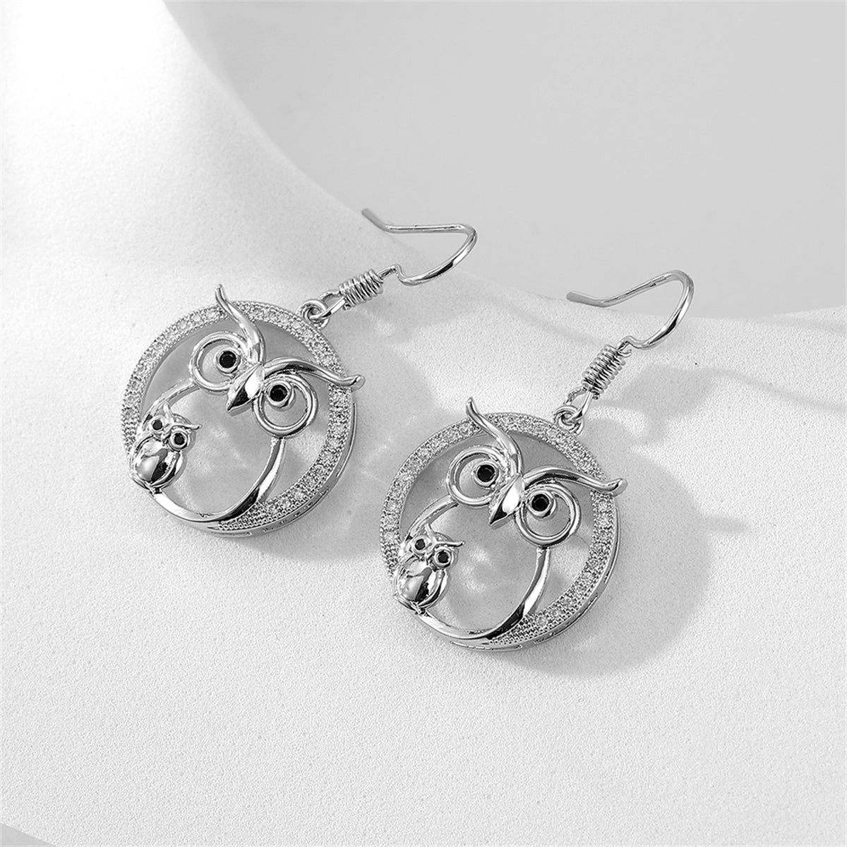 Cubic Zirconia and Silver-Plated Owl Drop Earrings, silver drop earrings for women, botanical inspired, lifestyle look