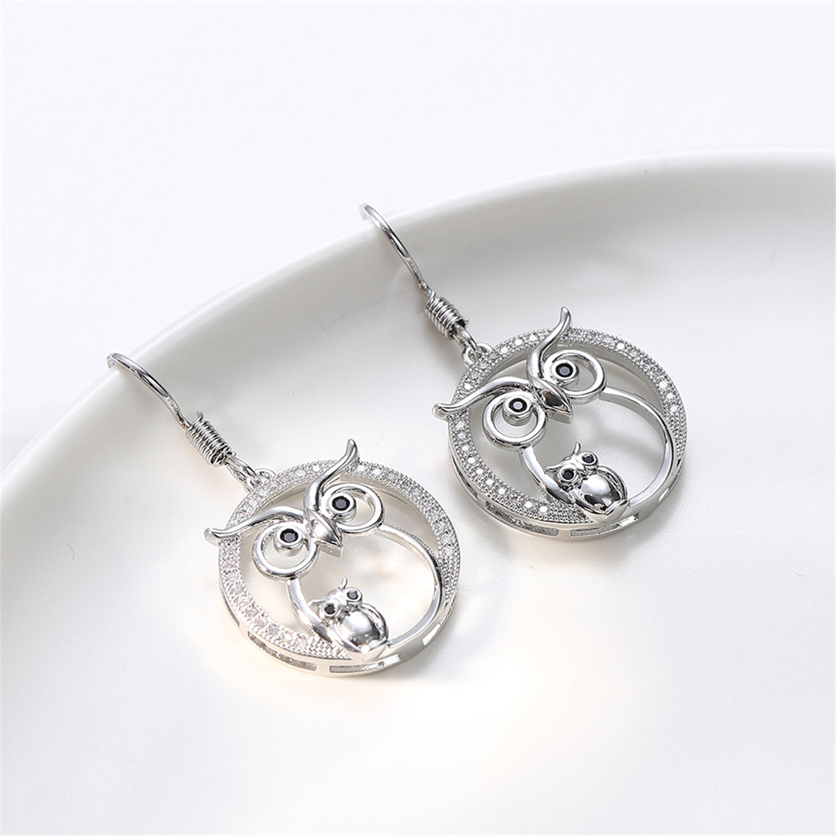 Cubic Zirconia & Silver-Plated Owl Drop Earrings