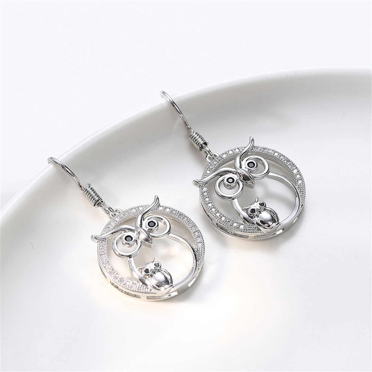 Cubic Zirconia and Silver-Plated Owl Drop Earrings, silver drop earrings for women, botanical inspired, styled look