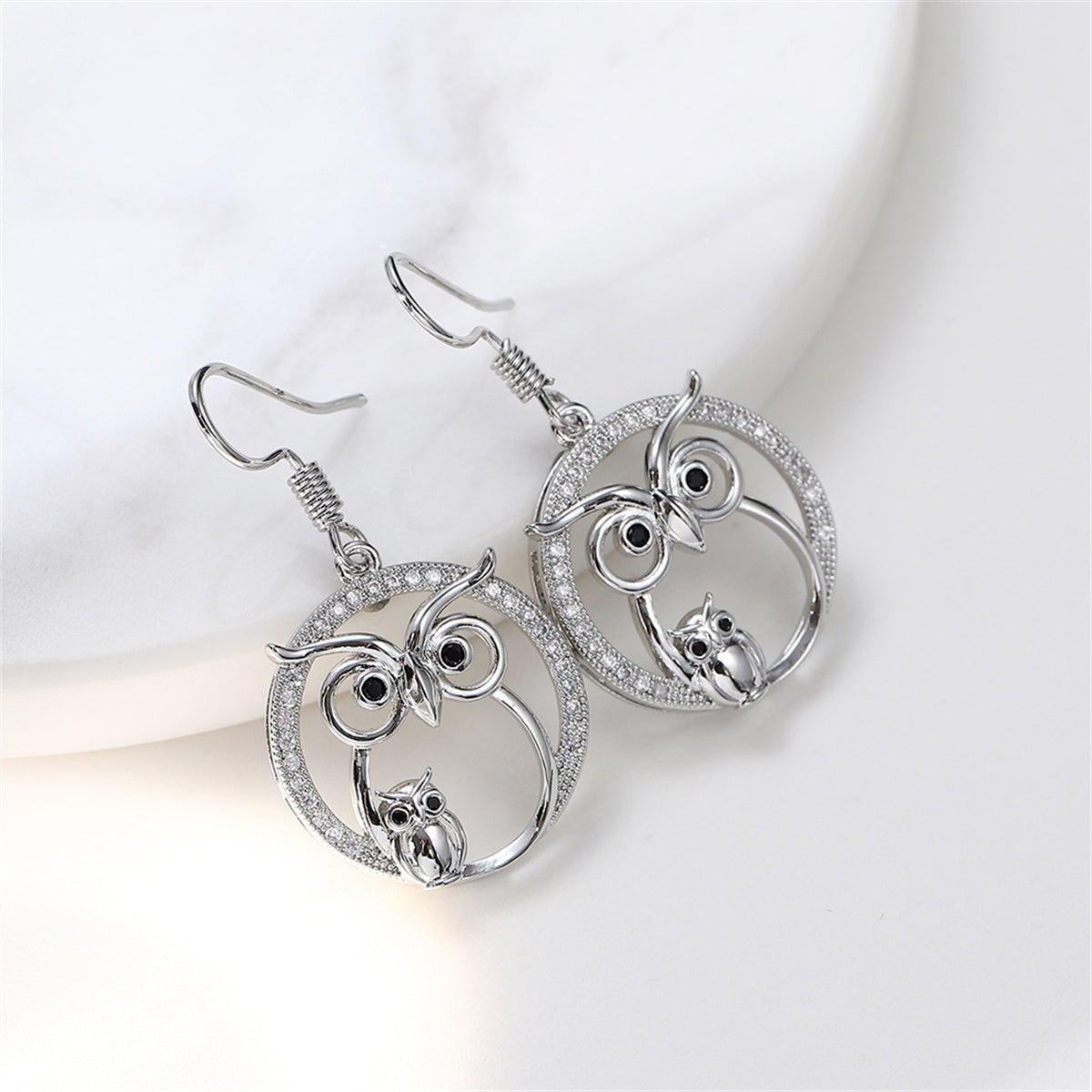 Cubic Zirconia and Silver-Plated Owl Drop Earrings, silver drop earrings for women, botanical inspired, detail close-up