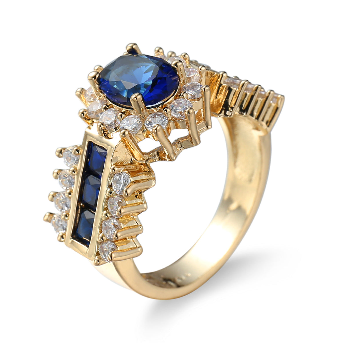 Navy Crystal and Cubic Zirconia 18K Gold-Plated Oval-Cut Ring, gold statement rings for women, side view
