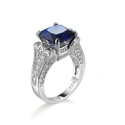 Navy Crystal and Cubic Zirconia Princess-Cut Cocktail Ring, statement rings for women, elegant gift for her, detail close-up