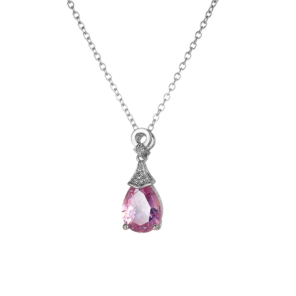 Cubic Zirconia and Pink Crystal Teardrop Pendant Necklace, pendant necklace for women, elegant gift for her, front view