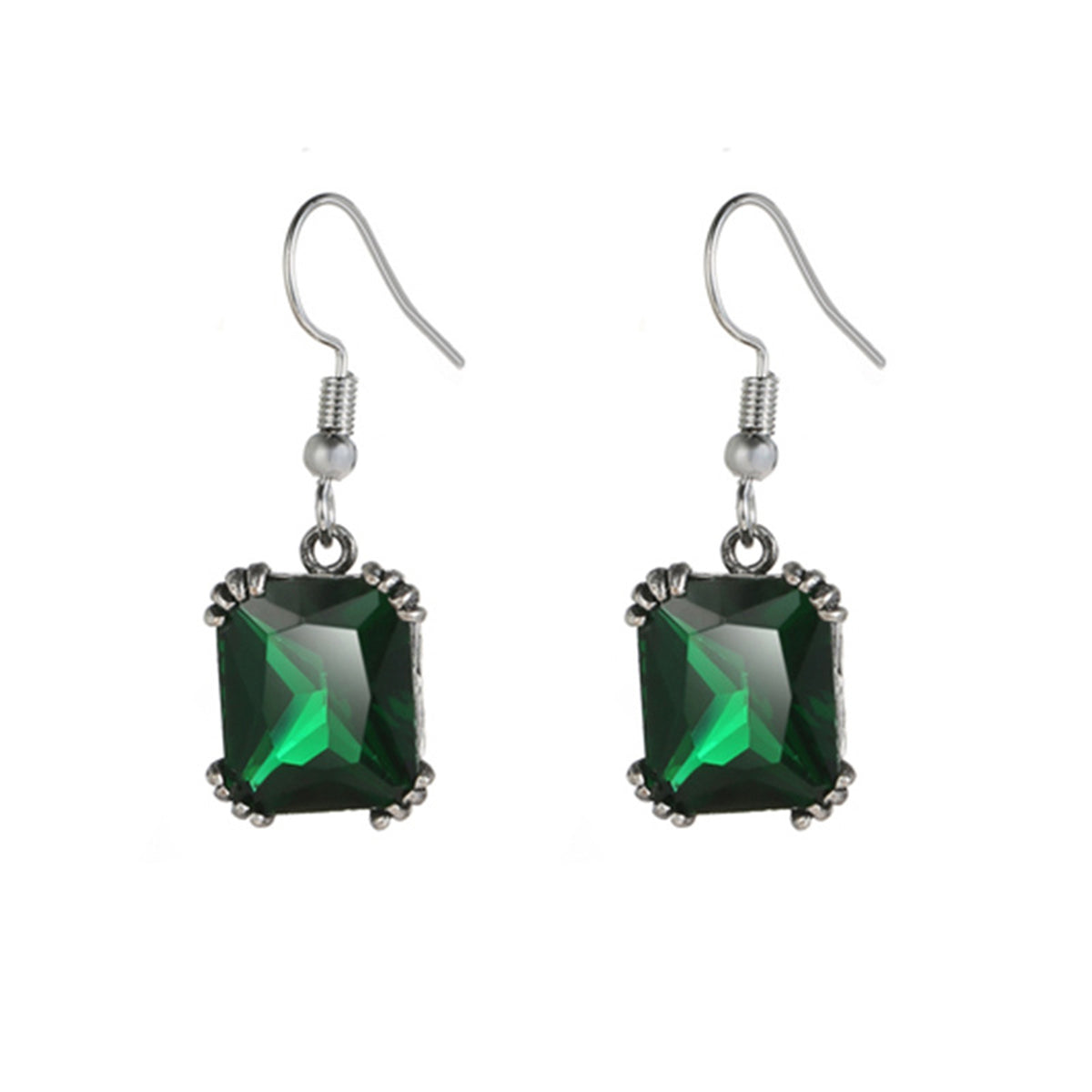 Green Crystal & Silver-Plated Princess-Cut Drop Earrings