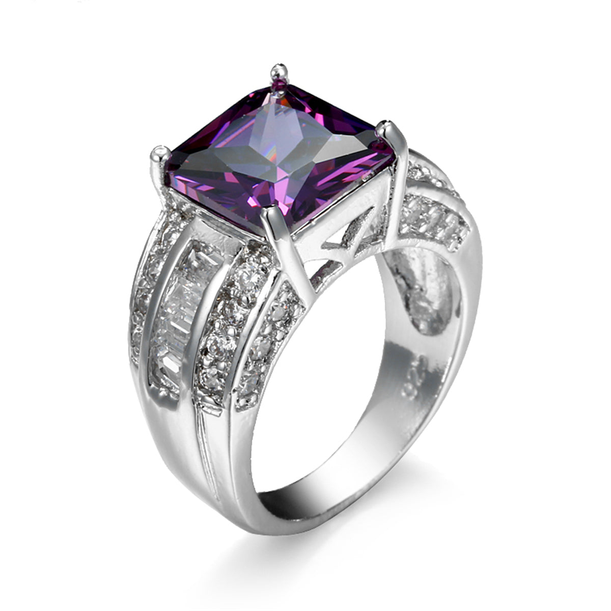 Purple Crystal and Cubic Zirconia Princess-Cut Ring, statement rings for women, everyday style, side view