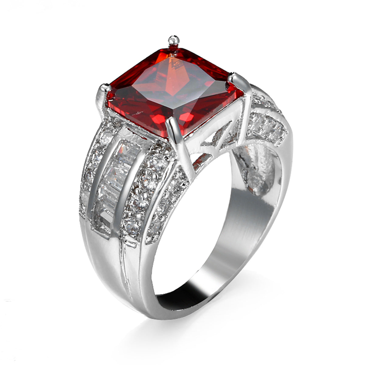Red Crystal and Cubic Zirconia Princess-Cut Ring, statement rings for women, dainty minimalist design, front view