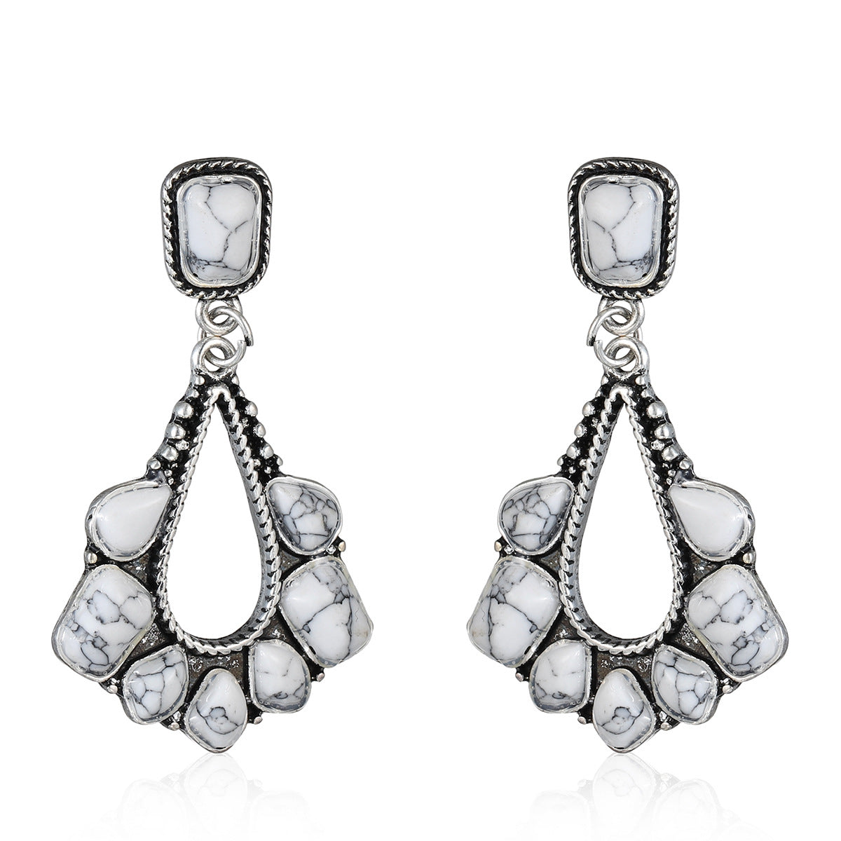 White Marbled Turquoise & Silver-Plated Chandelier Drop Earrings