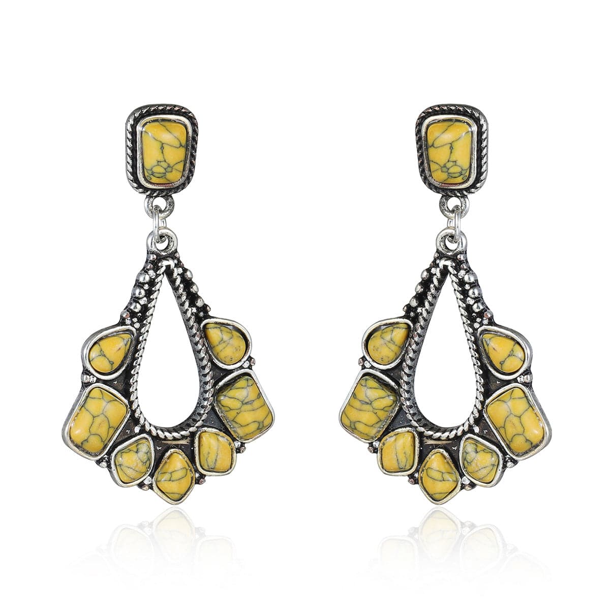 Yellow Marbled Turquoise & Silver-Plated Chandelier Drop Earrings