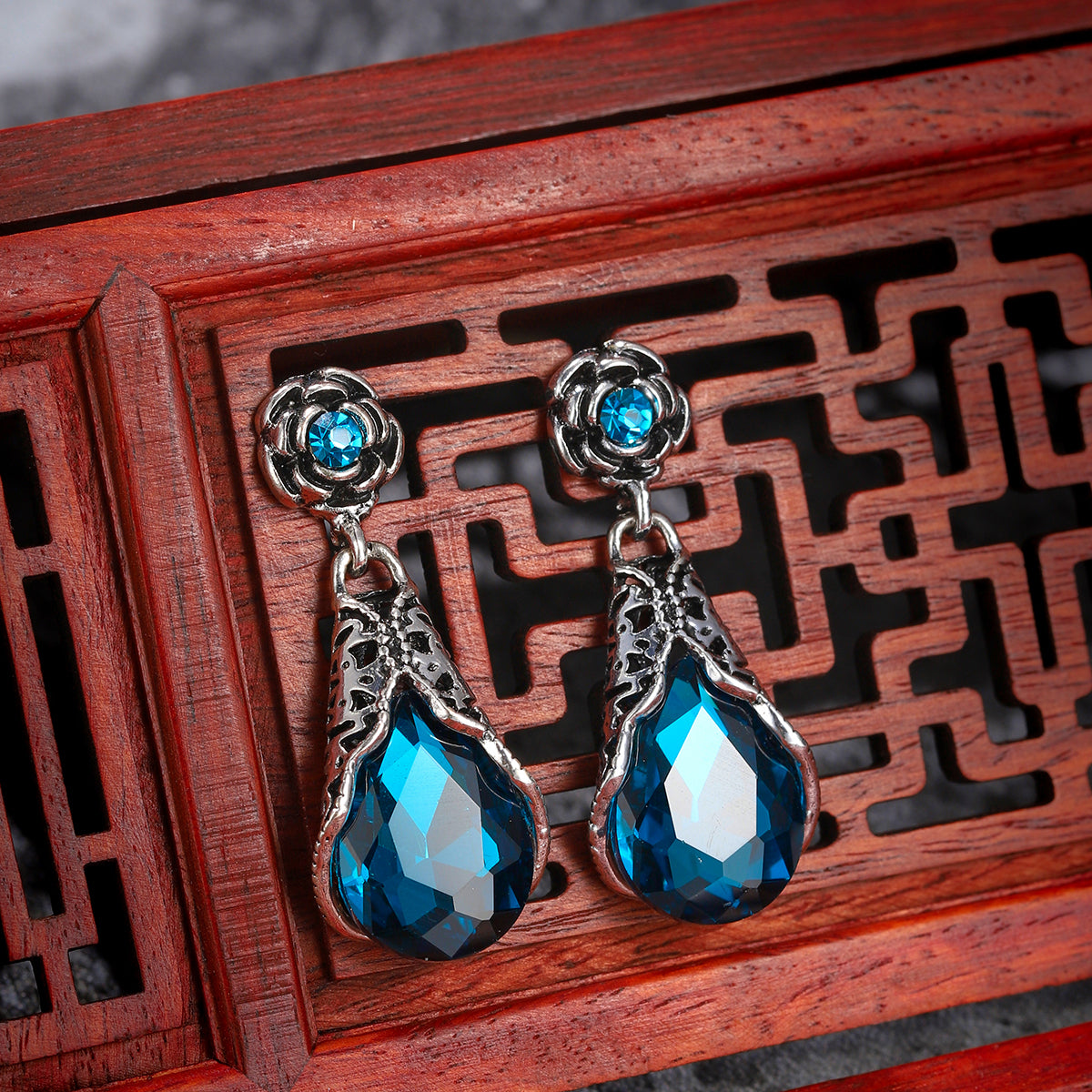Blue Crystal & Cubic Zirconia Silver-Plated Rose Drop Earrings