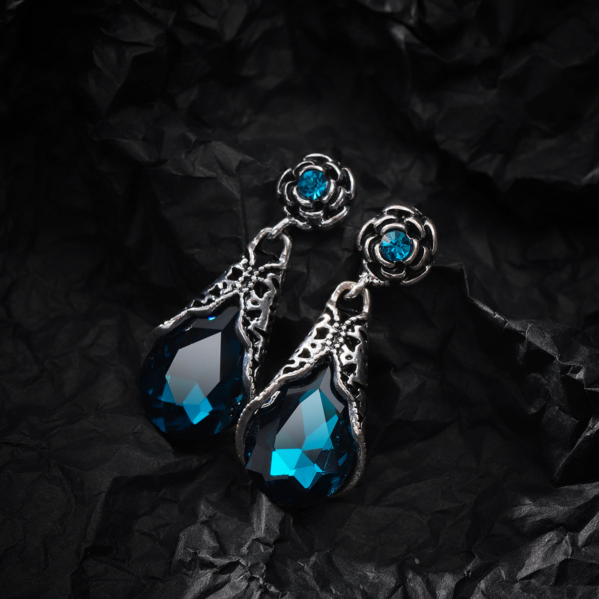 Blue Crystal & Cubic Zirconia Silver-Plated Rose Drop Earrings