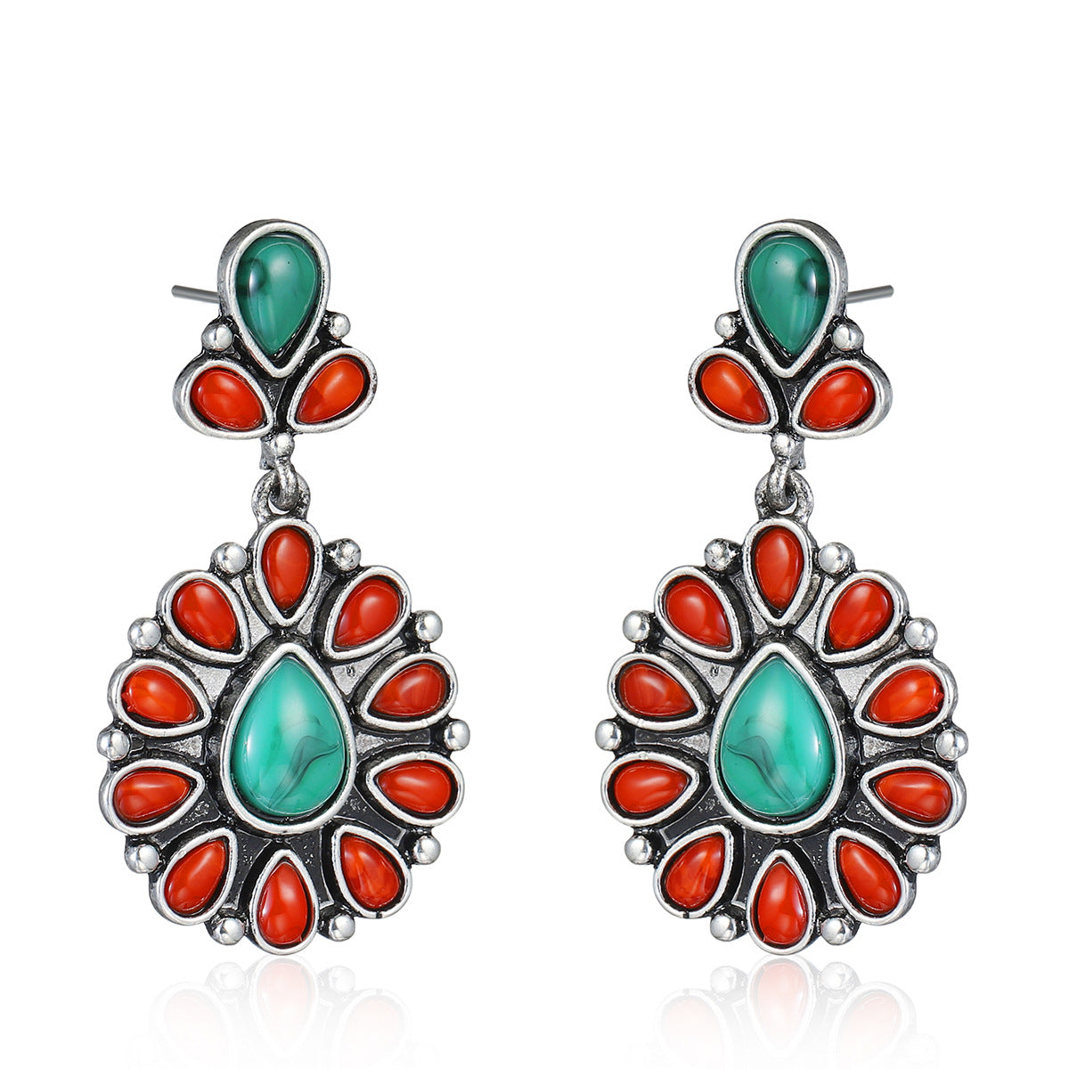 Red Resin & Turquoise Silver-Plated Oval Drop Earrings