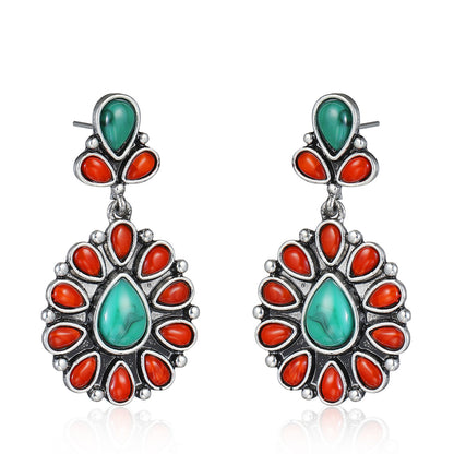 Red Resin & Turquoise Silver-Plated Oval Drop Earrings