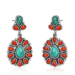 Red Resin & Turquoise Silver-Plated Oval Drop Earrings