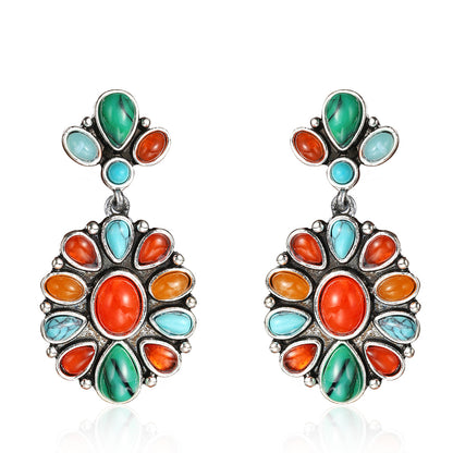 Orange Resin & Turquoise Silver-Plated Oval Drop Earrings