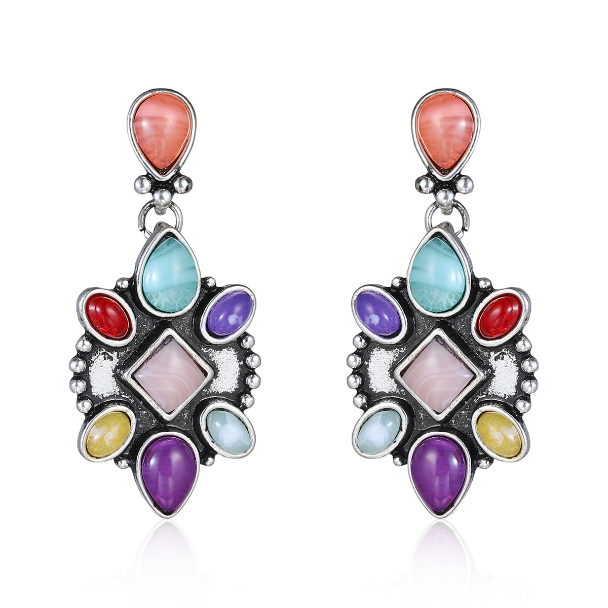 Multicolor Quartz & Silver-Plated Geometric Drop Earrings