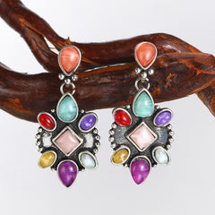 Multicolor Quartz & Silver-Plated Geometric Drop Earrings
