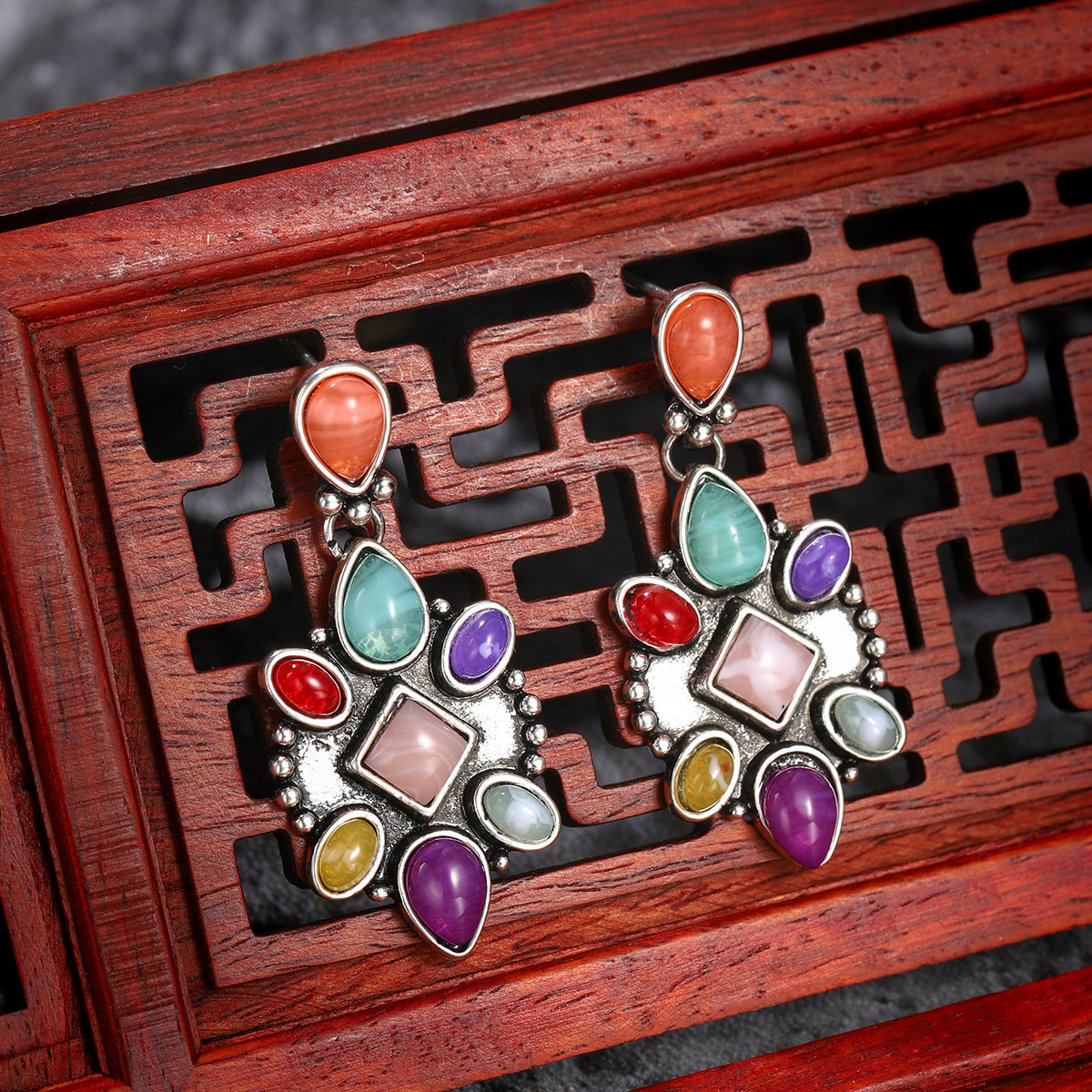 Multicolor Quartz & Silver-Plated Geometric Drop Earrings