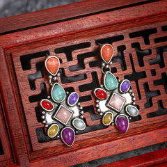 Multicolor Quartz & Silver-Plated Geometric Drop Earrings