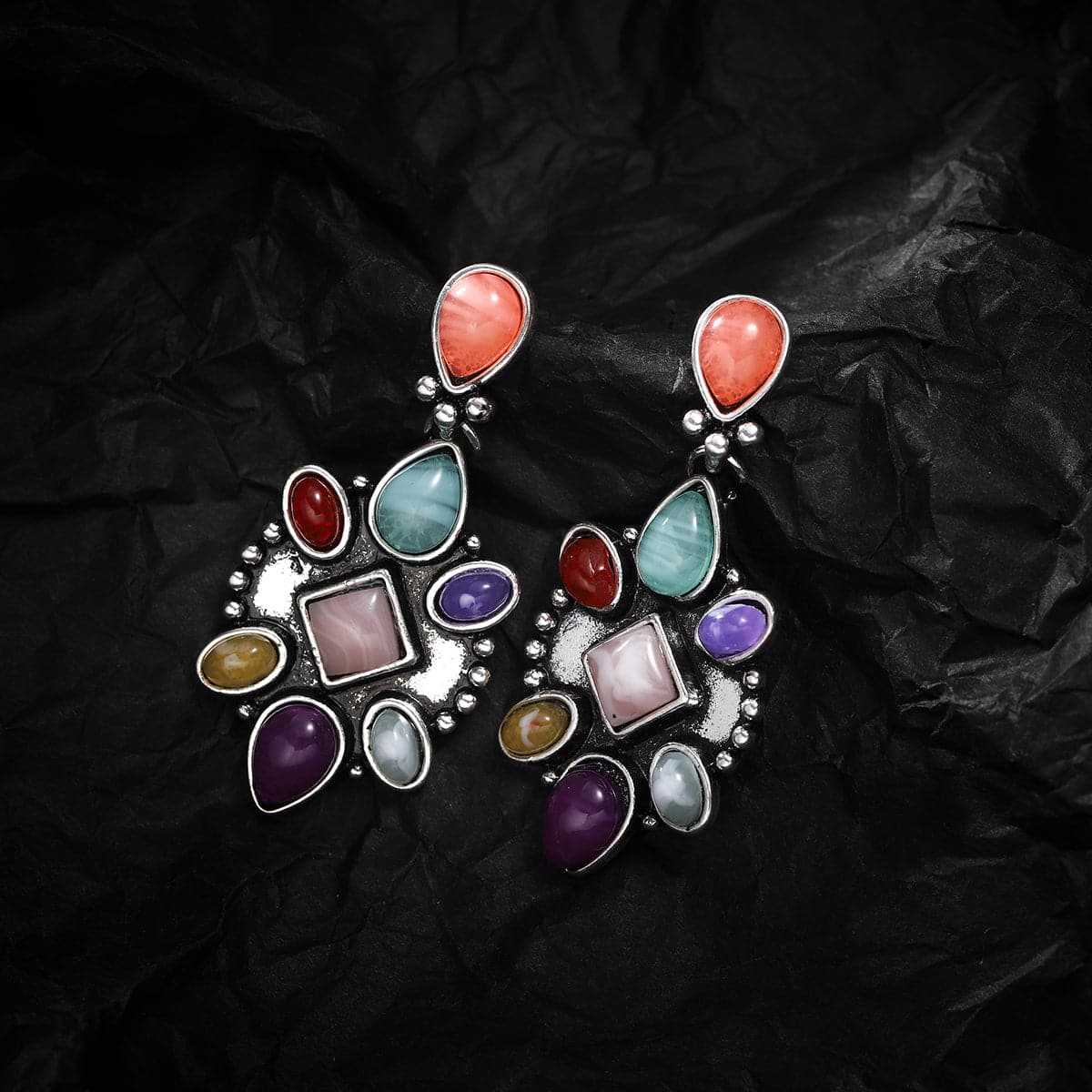 Multicolor Quartz & Silver-Plated Geometric Drop Earrings