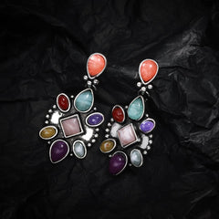 Multicolor Quartz & Silver-Plated Geometric Drop Earrings