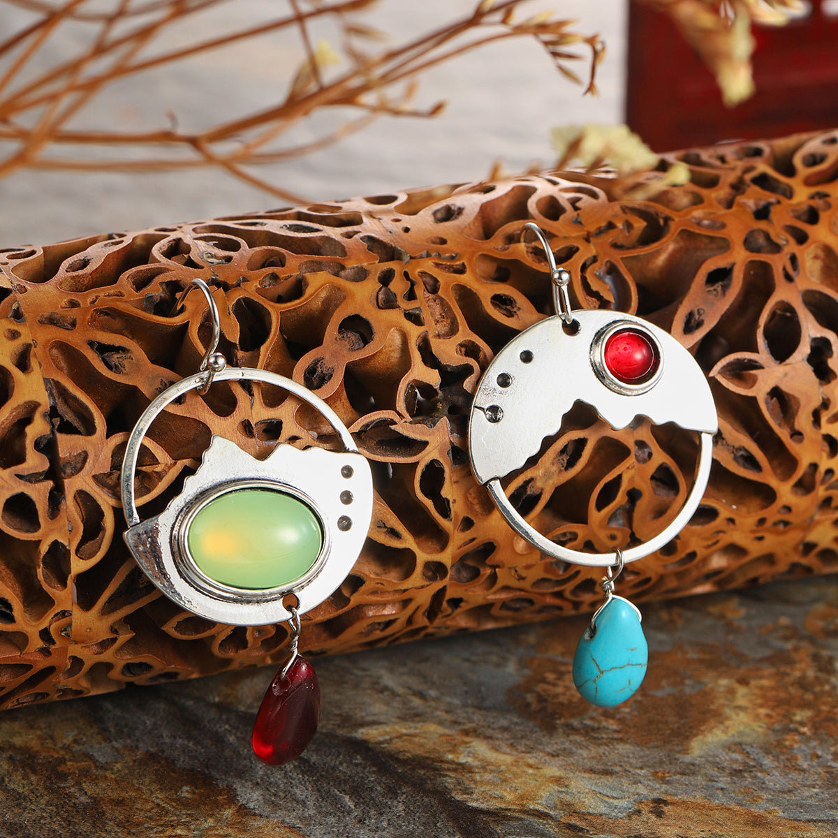 Turquoise & Quartz Silver-Plated Oval Dangle Drop Earrings