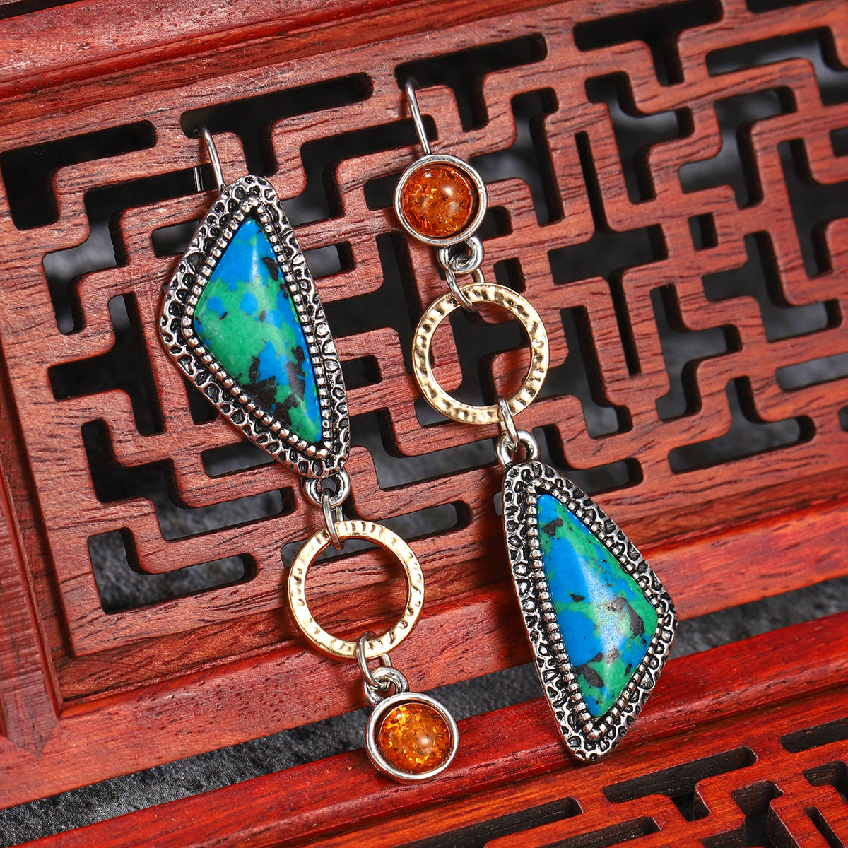 Lapis and Quartz Two Tone Geometric Drop Earrings, drop earrings for women, botanical inspired, detail close-up