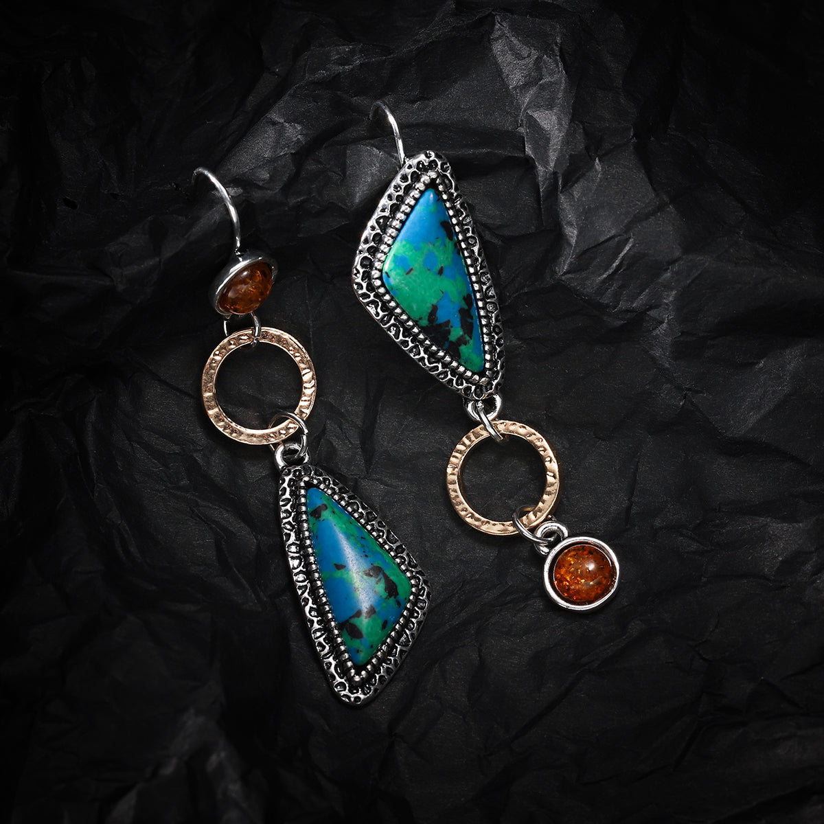 Lapis and Quartz Two Tone Geometric Drop Earrings, drop earrings for women, botanical inspired, styled look